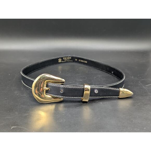 Vintage ESCADA Western Germany Black Leather Belt Solid Brass Buckle Size 36 main image 9